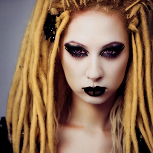 Prompt: modeling headshot photography flawless young beautiful gothic female with blonde and red dreadlocks in a black ballgown, dark, piercing clear eyes, symmetrical golden ration exotic stoic expression, photorealistic, highly detailed, mysterious lighting, smooth, sharp focus, 8 0 mm camera