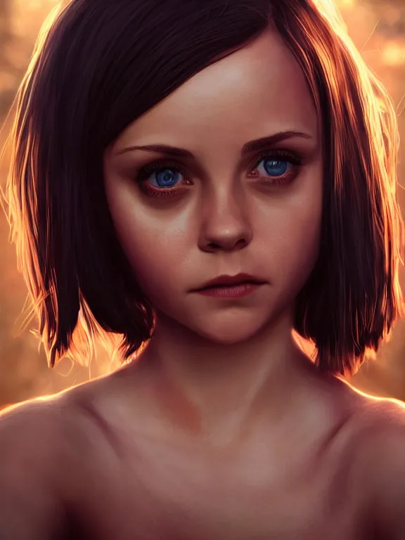 Image similar to portrait art of Christina Ricci, elf ears, 8k ultra realistic , lens flare, atmosphere, glow, detailed,intricate, full of colour, cinematic lighting, trending on artstation, 4k, hyperrealistic, focused, extreme details,unreal engine 5, cinematic, masterpiece