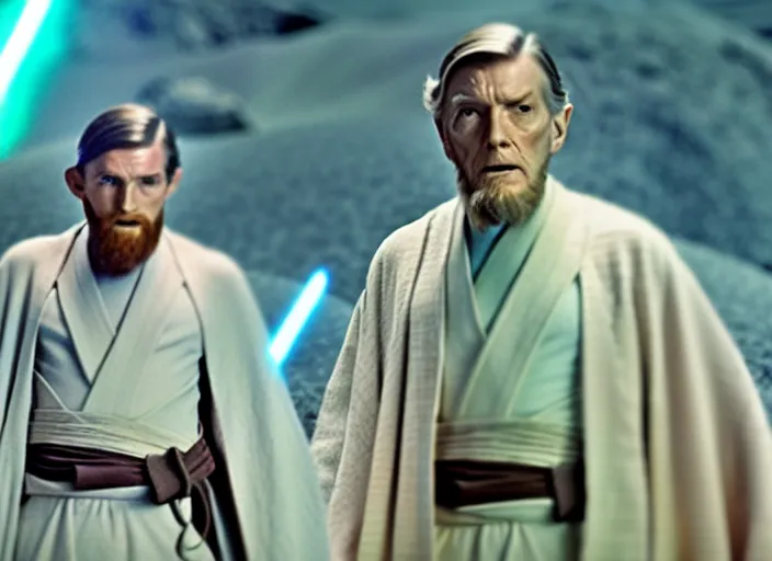 Image similar to young leonard nimoy as obi - wan kenobi, wearing a robe, in star wars : the force awakens ( 2 0 1 5 ). movie still