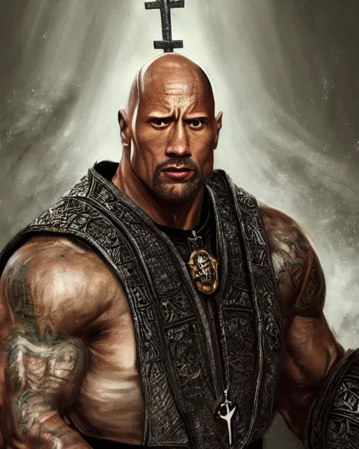 Image similar to dwayne johnson as the pope, gothic scene, dramatic light, lee ji - eun, illustration, atmosphere, focused, artstation, highly detailed, art by yuhong ding and chengwei pan and serafleur and ina wong