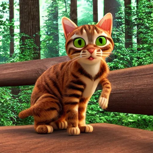 Image similar to pixar movie, brown tabby cat, 3 d, cute pixar _ tabby _ cat in a forest