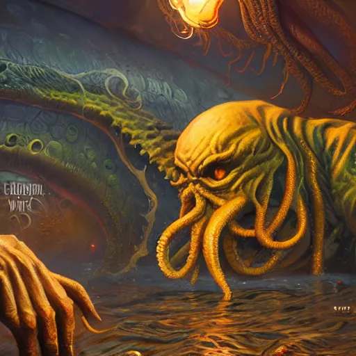 Image similar to cthulhu garfield, 4 k oil on linen by wlop, artgerm, andrei riabovitchev, nuri iyem, james gurney, james jean, greg rutkowski, highly detailed, soft lighting 8 k resolution