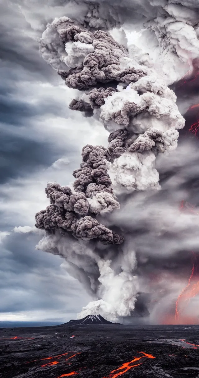 Image similar to huge storm on an erupting volcano, cyclone, rain, wind, lava, hyper realistic picture, hd