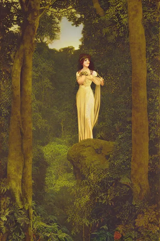 Image similar to portrait of the queen of night in a forest clearing at twilight| richly embroidered velvet| lush foliage | dramatic lighting | Maxfield Parrish and John Waterhouse