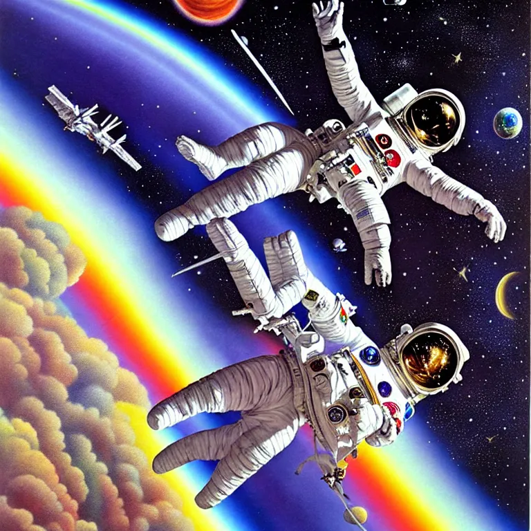 Prompt: by philip caza. astronaut at the rainbow bridge.