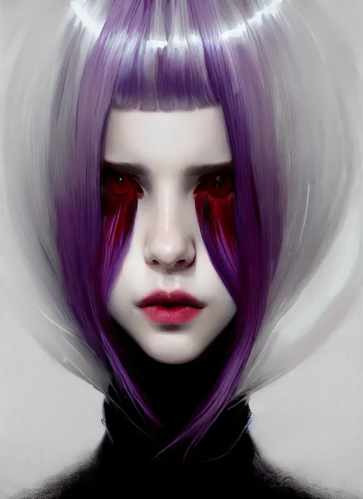 Image similar to portrait of teenage girl, red irises, bangs, black and white hair, white bangs, purple clothes, white bangs, two color hair, black hair and white bangs, intricate, elegant, glowing lights, highly detailed, digital painting, artstation, concept art, smooth, sharp focus, illustration, art by wlop, mars ravelo and greg rutkowski