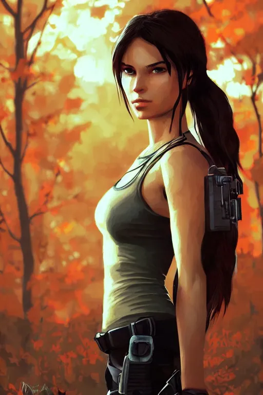 Image similar to lara croft portrait artwork by ilya kuvshinov, autumn natural lights