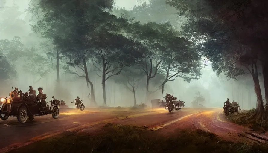 Image similar to a british officer driving a motorcycle alone in 1921 in kerala forest road, local people chasing to attack, furious action scene, chase, an epic fantasy, dramatic lighting, cinematic, establishing shot, extremely high detail, photorealistic, cinematic lighting, artstation, by simon stalenhag, horizon forbidden west