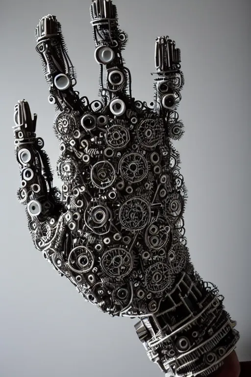 Image similar to cybernetic robotic hand made of intricate gears, wires and ceramics, engraved with sanskrit writing