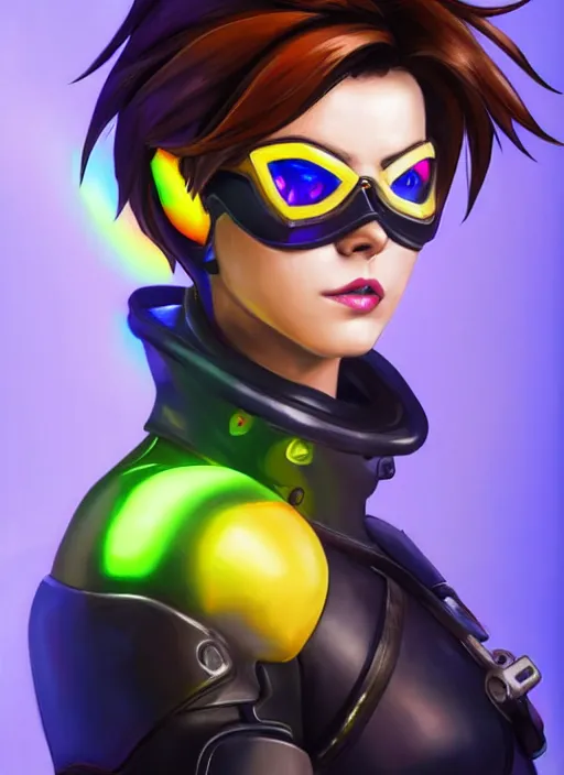 Image similar to overwatch style oil painting portrait of tracer overwatch, confident pose, wearing black iridescent rainbow latex, rainbow, neon, 4 k, expressive surprised expression, makeup, wearing detailed black leather collar, wearing sleek armor, studio lighting, black leather harness, expressive detailed face and eyes,