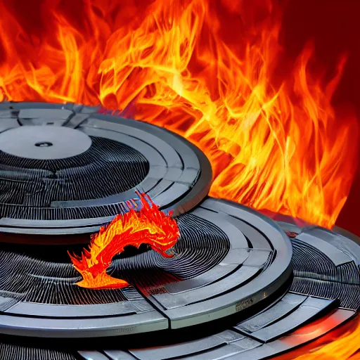 Prompt: a flaming phoenix sitting on a pile of harddisks protecting a database, 8 k, 3 5 mm