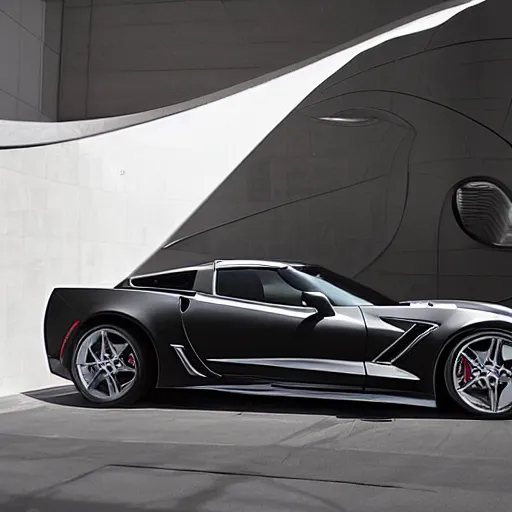 Prompt: corvette on front of building designed by zaha hadid, photorealistic, morning light