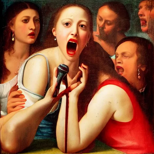 Prompt: renaissance painting of girl singing in karaoke bar, red earrings, group of friends at party