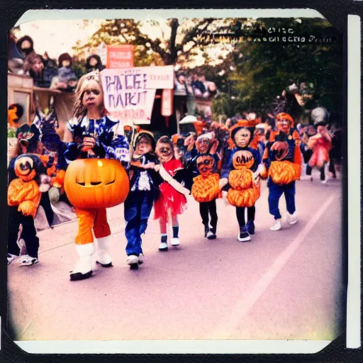 Prompt: a vivid, colorful polaroid photograph of kids in Halloween costumes marching in a parade