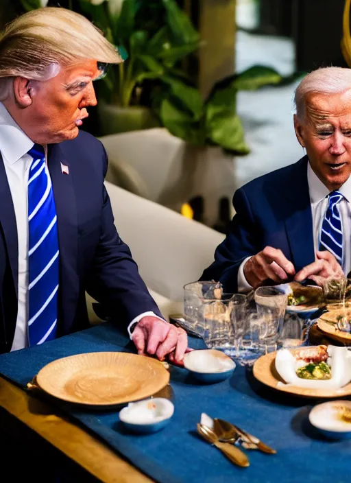 Image similar to Trump and Biden having dinner at a fancy Balinese restaurant, award winning photography, sigma 85mm Lens F/1.4, blurred background, perfect faces