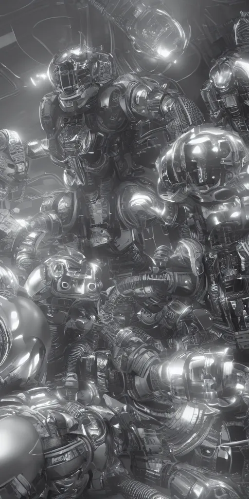 Prompt: the flow of time. complex shapes, highly detailed. octane render. robots are taking over. monochrome. cinematic.