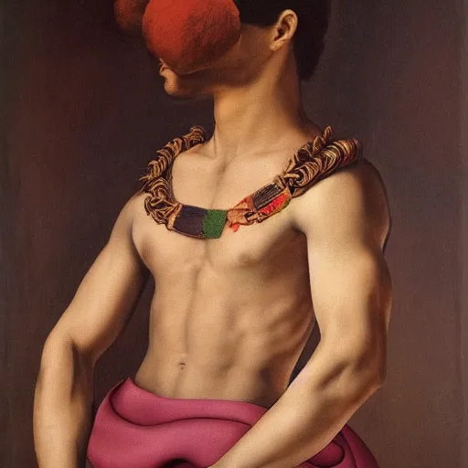 Image similar to a beautiful young mexican male wearing alexander mcqueen, painted by michelangelo