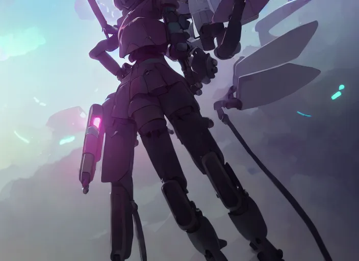 Image similar to homura akemi in mechanical exoskeleton resembling a su - 1 0 2, battlefield landscape, illustration concept art anime key visual trending pixiv fanbox by wlop and greg rutkowski and makoto shinkai and studio ghibli and kyoto animation, soldier clothing, grimdark, volumetric lighting