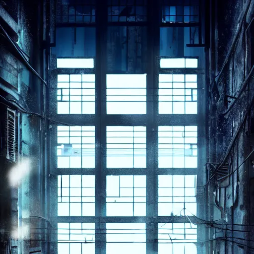 Image similar to One dilapidated building with only one window glowing. ArtStation, Cyberpunk, Vertical Symmetry, 8K, Highly Detailed, Intricate, Album Art.