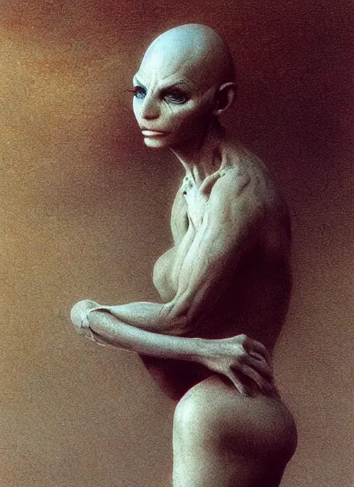 Image similar to cute beautiful bald goblin girl by Beksinski and Luis Royo