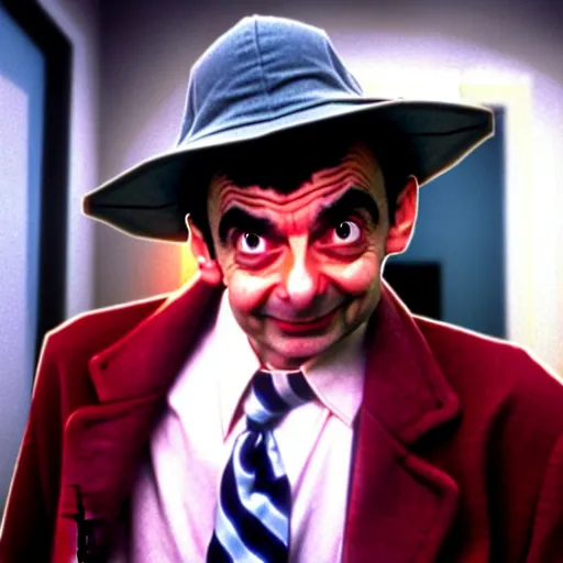 Image similar to mr. bean as wayne from the waynes world movie. movie still. cinematic lighting.