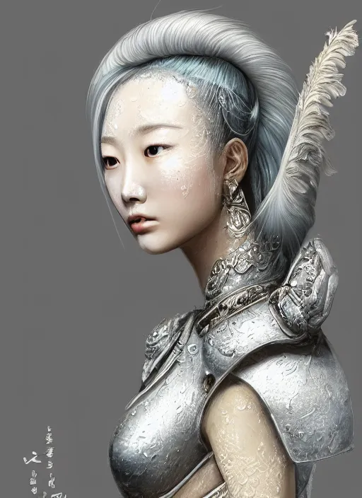 Prompt: side portrait of a Korean female Celestial Goddess, scifi, interstellar hair, white and royal blue luxurious armour, trending on artstation, gsociety, elegant, chic, high-end, her upper body is submerged in Pamukkale, thermal waters flowing down white travertine terraces, highly detailed, realistic eyes, detailed illustration, smooth, sharp focus, upper body, intricate, rule of thirds, holy glow, ethereal background, 4k, by Greg Rutkowski, Alphonse Mucha, Ayami Kojima, Charlie Bowater, Artgerm, Loish, Kentaro Miura, Karol Bak, Greg Hildebrandt, Norman Rockwell