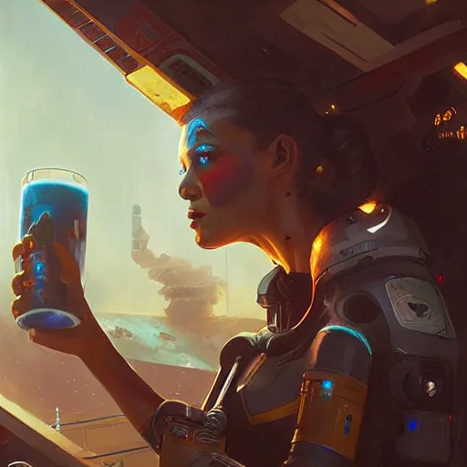 Image similar to a space soldier woman drinking beer from a space station bar, Matte painting , detailed painting, greg rutkowski