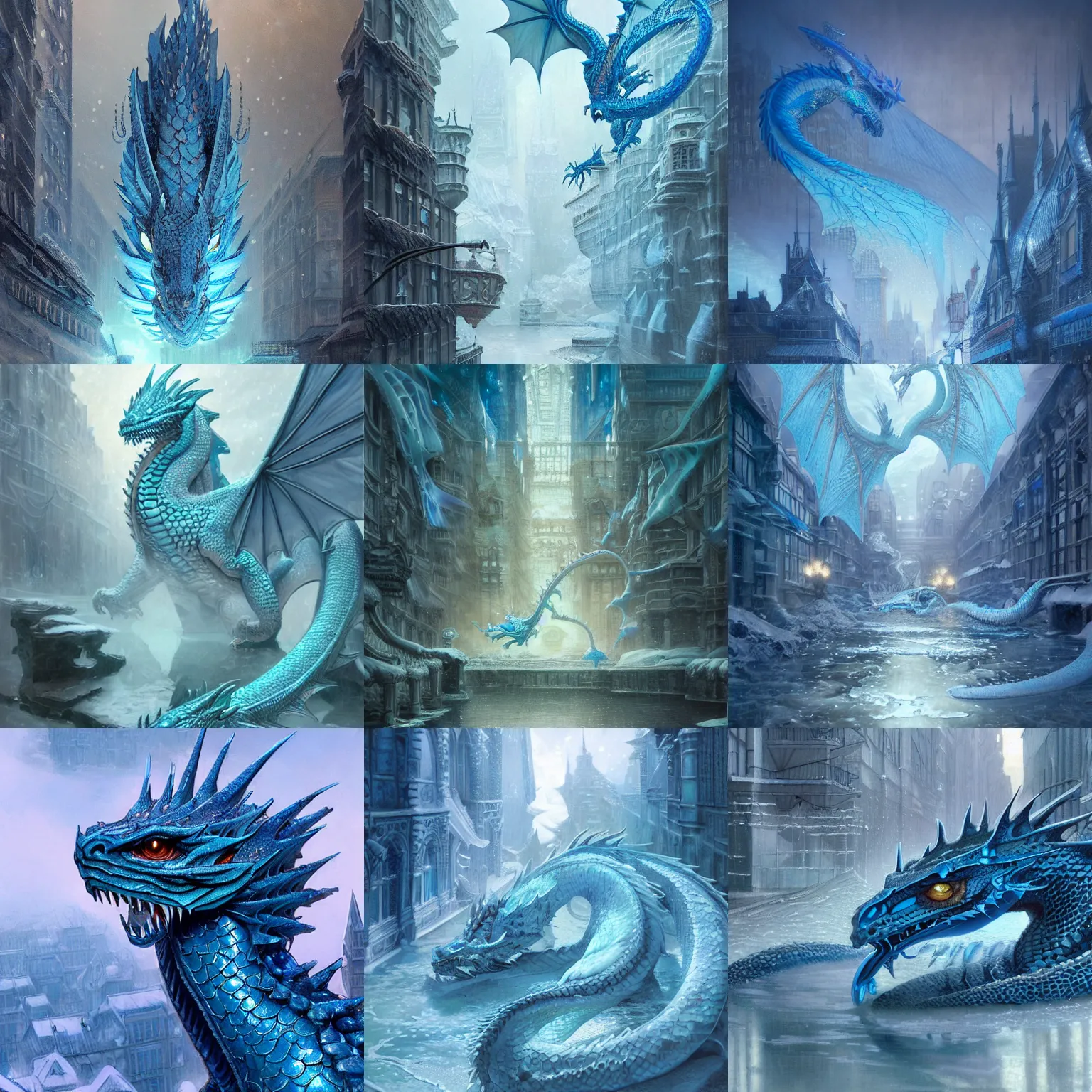 Prompt: Beautiful scaly blue dragon in a snowy city made of water and ice, blue hues, ice blue, reflections, sparkle, full of details, matte painting, a fantasy digital painting, artstation, concept art, sharp focus, illustration, art by greg rutkowski and alphonse mucha