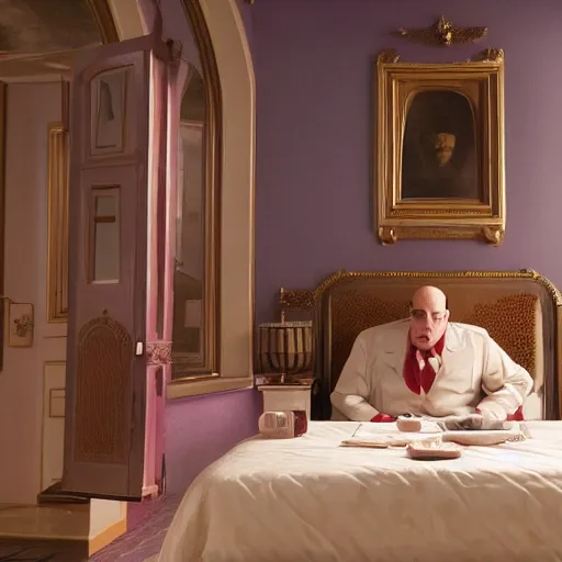 Prompt: Film still of homer simpson, the hotel budapest (2014)