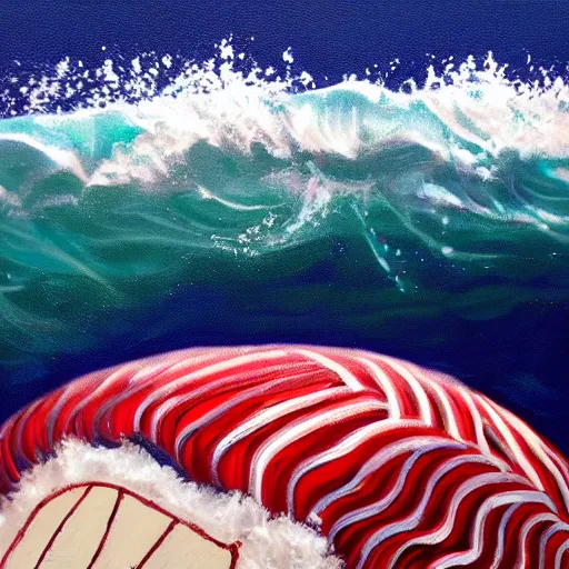 Prompt: beautiful ocean wave, composed of red and white baseballs, oil on canvas, dreamlike