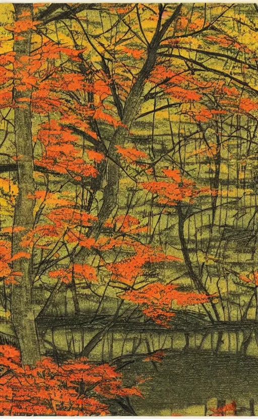 Image similar to by akio watanabe, manga art, maple forest next to pond, fall season, trading card front