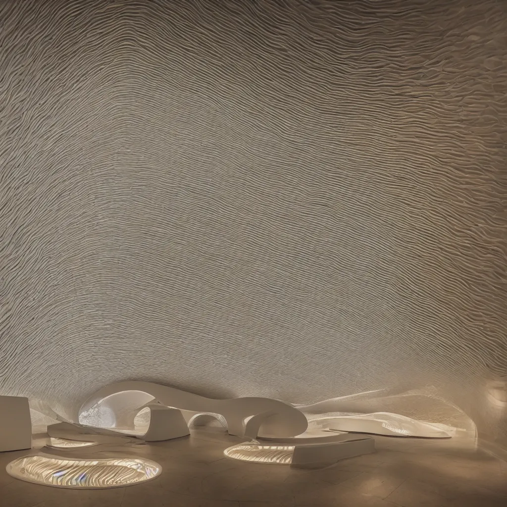 Prompt: extremely detailed stunning beautiful futuristic smooth curvilinear museum interior, translucent gills, contrast, hyper real, high quality, 8k, 3D cinematic volumetric light, atmospheric light