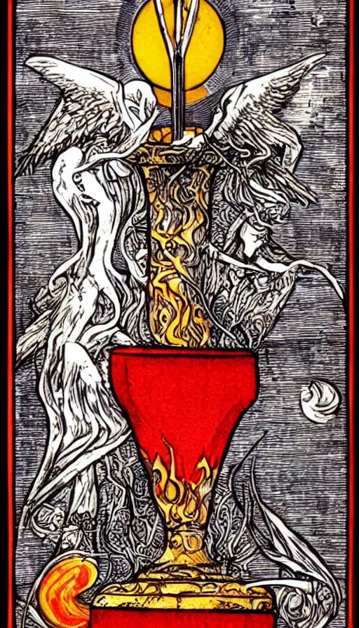 Image similar to symbolic Tarot Card design representing Arcanum XV, The Red Grail, symbolizing the birth and the feast, hunger, seduction, the drowning waters, desire, birth, seduction, and thirst, inhuman desirability, irresistible charisma