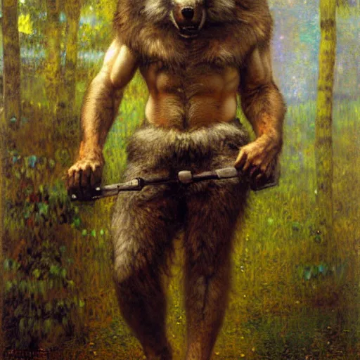 Prompt: a male boarman wolf man wearing a shirt and pants furry arms furry body walking stick new york. furaffinity furry art detailed face painting by gaston bussiere craig mullins jc leyendecker gustav klimt artgerm greg rutkowski furry