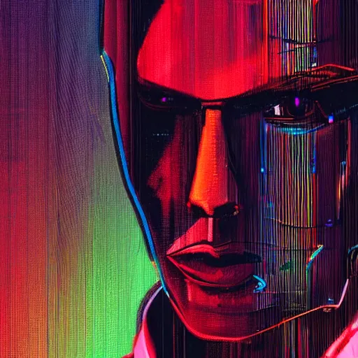 Image similar to a robot with the face of andy warhol, cyberpunk painting, award winning portrait, uncanny valley, dramatic lighting, detailed face, sharp focus, neon lighting