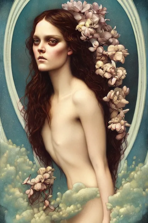 Prompt: Tove Lo by Tom Bagshaw in the style of Gaston Bussière, art nouveau