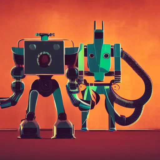 Prompt: retrofuture style game model of giant robot monster from trash household appliances. washing machine and microwave as parts of the robot body. iron as robot head. robot hands from vacuum cleaner hoses. rich colors, high contrast, gloomy atmosphere, black background. trending on artstation. unreal engine.