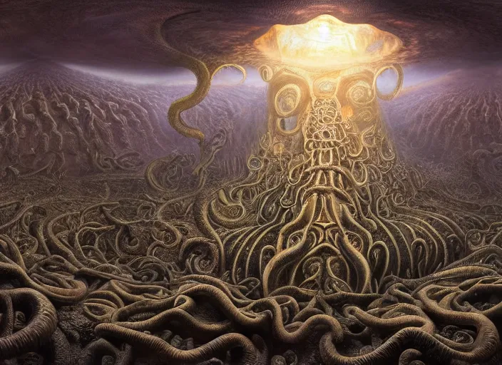 Image similar to acid trip of the fractal end of the world by giger and vladimir kush, crowd of people in the center, big tentacle in bottom right, au naturel, hyper detailed, digital art, trending in artstation, cinematic lighting, studio quality, smooth render, octane rendered...