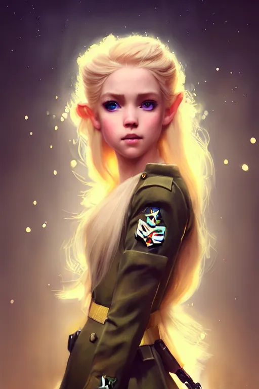 Image similar to cinematic shot of an epic portrait of a cute blonde fairy dressed in military clothes, stylised military clothes, shiny skin, beautiful eyes, beautiful, small details, night setting, realistic poster with volumetric light from craig mallism, artgerm, jeremy lipkin and michael garmash, unreal engine, radiant light, digital art, trends at art station, a masterpiece