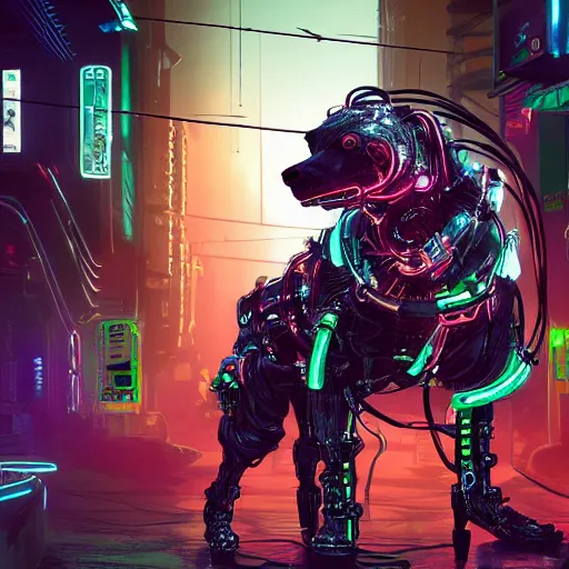 Image similar to cybernetically enhanced hyena, neon lights on body, exposed metal and wires, cyberpunk beksinki style, highly detailed video game concept art for cyberpunk 2 0 7 7