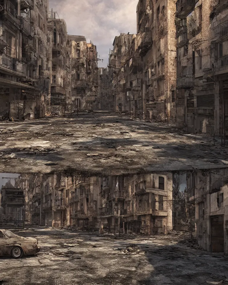 Image similar to abandoned streets of post-apocalyptic Barcelona, ghost town, octane, 3d render, extremely detailed