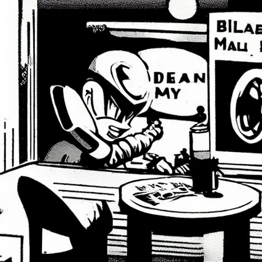 Prompt: mega - man alone at night in a shabby apartment in 1 9 5 0 s new york looking at a newspaper about a serial killer, black and white, intricate, foreboding real