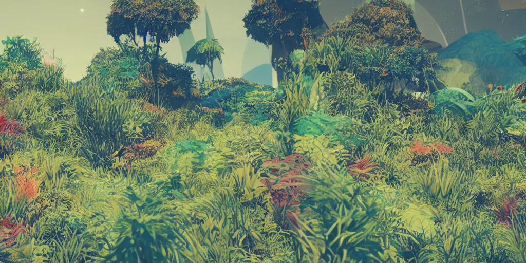 Prompt: abstract 3d rendered landscape with vegetation by james jean and painted in no mans sky style, redshift, octane