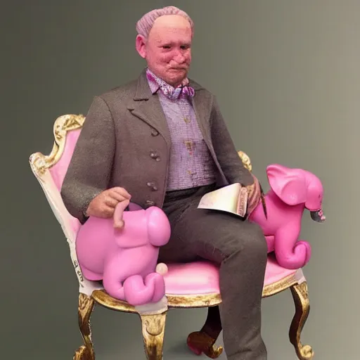 Image similar to Photo of a man on a chair with his pink miniature elephant on his lap