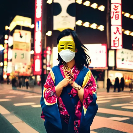 Image similar to japanese female balaclava face mask with golden necklace and kimono, photo portrait, beautiful female model, tokyo, city neon light, bokeh, long exposure, kodak promax 4 0 0, sony lens