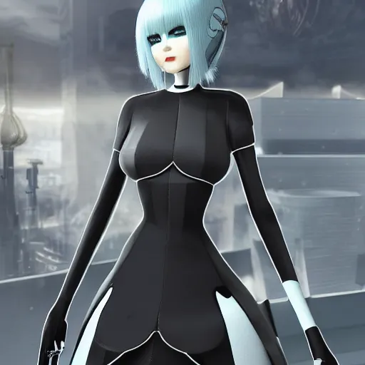 Image similar to This android personal bodyguard is a true beauty, with a design that resembles both Gardevoir from Pokémon and 2B from Nier Automata. Her utopian vibes and photorealistic character are truly something to behold, and her outrunner aesthetic is truly trendsetting. This 8k UHD image is a hyper realistic render with intricate details that will leave you breathless.