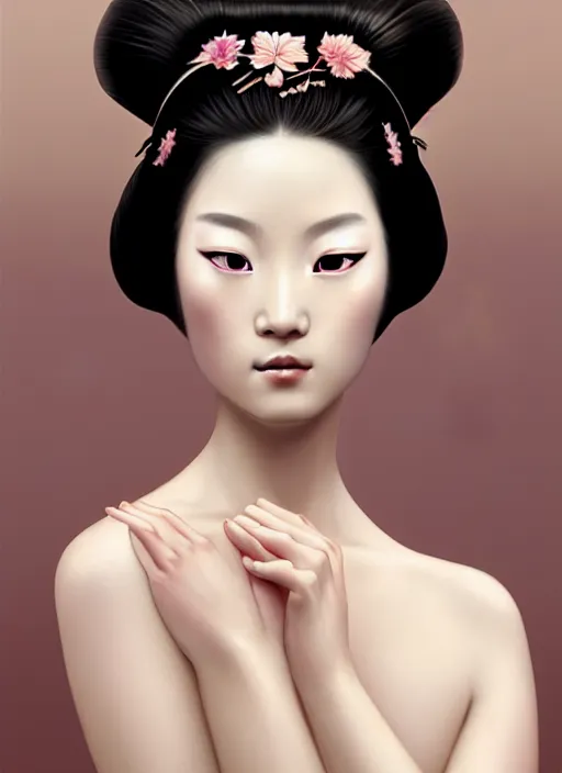 Prompt: organic seductive Geisha portrait, pearlescent skin, diffuse lighting, fantasy, intricate, elegant pose, highly detailed, lifelike, photorealistic, digital painting, artstation, illustration, concept art, different point of view, smooth, sharp focus, art by John Collier and Albert Aublet and Leonardo da vinci and Moebius and Krenz Cushart