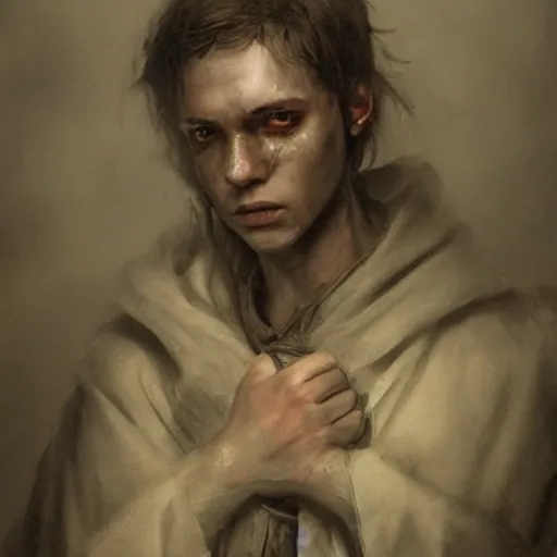 Prompt: a young wounded 1 6 th century priest, close up, portrait, sinister atmospheric lighting. highly detailed painting by greg rutkowski, anime style