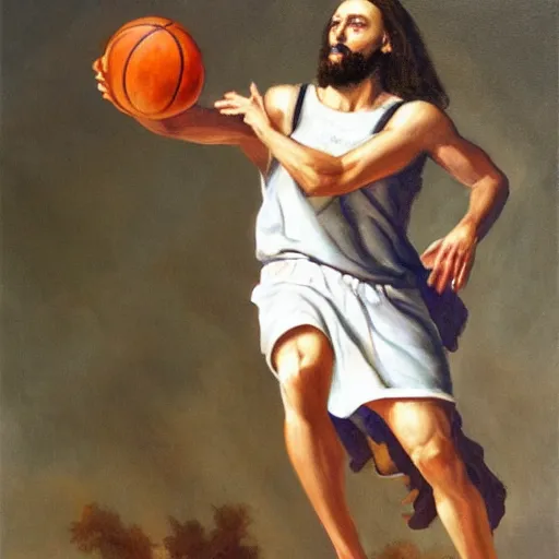 Prompt: Jesus playing basketball in oil painting