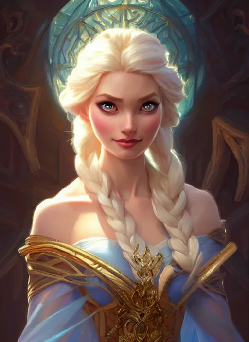 Image similar to elsa, d & d, fantasy, intricate, elegant, highly detailed, digital painting, artstation, concept art, matte, sharp focus, illustration, hearthstone, art by artgerm and greg rutkowski and alphonse mucha